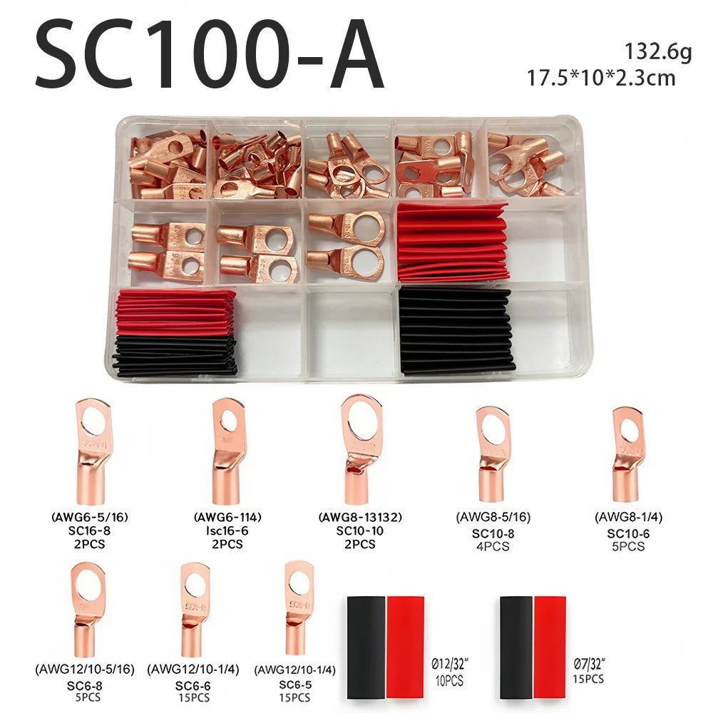Copper Ring Terminal Lug Kit AWG 4–12 with Heat Shrink Tubing 60/100/130PCS | Battery Cable Connector Set