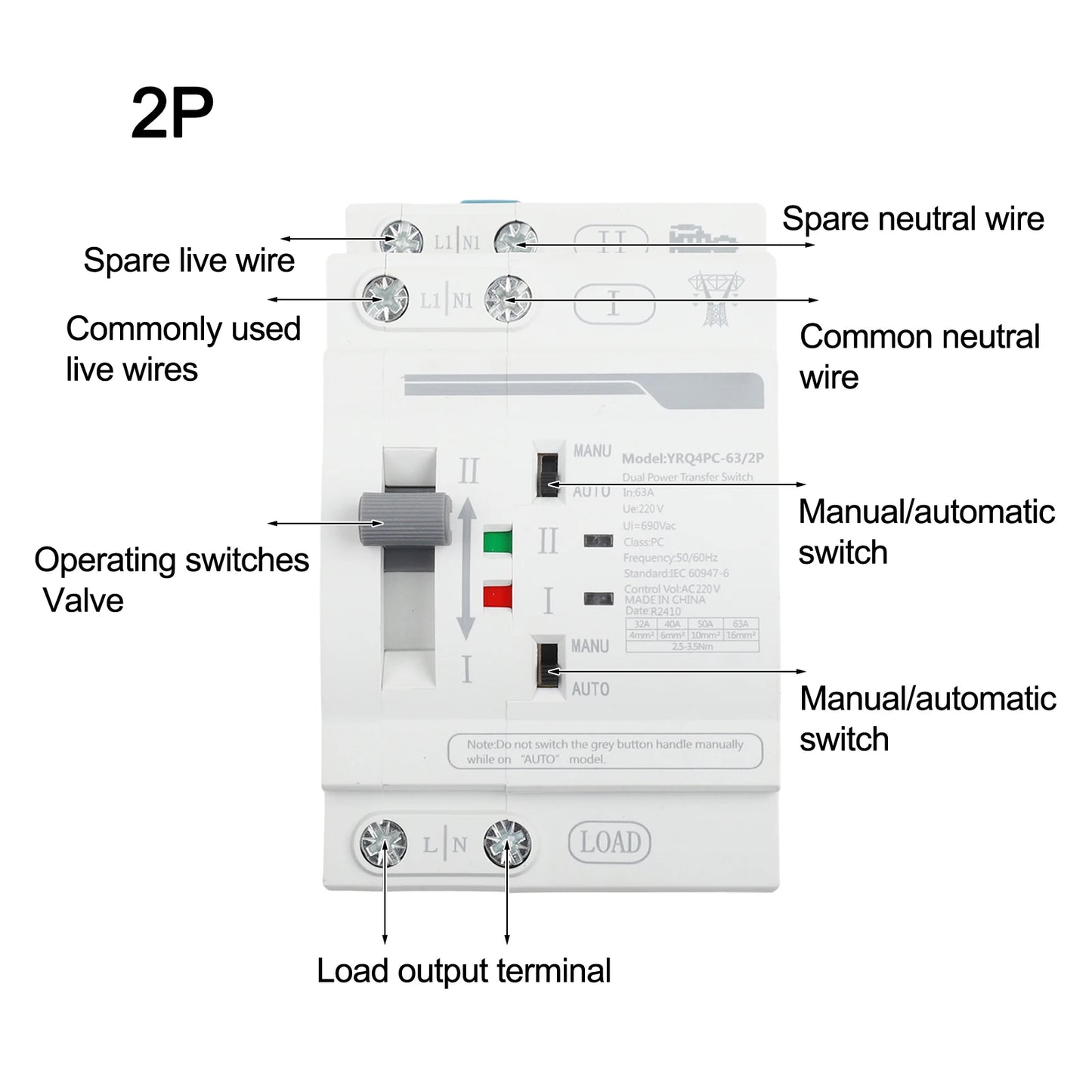 Dual Power Electrical Transfer Switch for ATS 2P 63A 220V Designed for Generator Use to Automatically Manage Power Sources