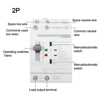 Dual Power Electrical Transfer Switch for ATS 2P 63A 220V Designed for Generator Use to Automatically Manage Power Sources