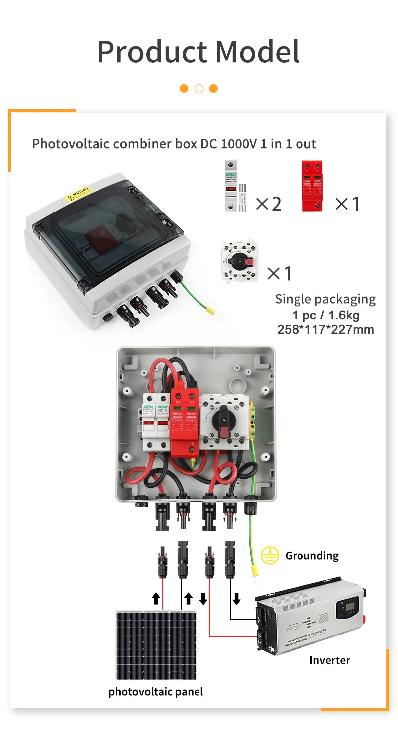 DC 1000V 1 In 1 Out Isolation Switch SPD Fuse, Lightning Protection PV Combiner Box, Solar Photovoltaic Waterproof Dustproof Case