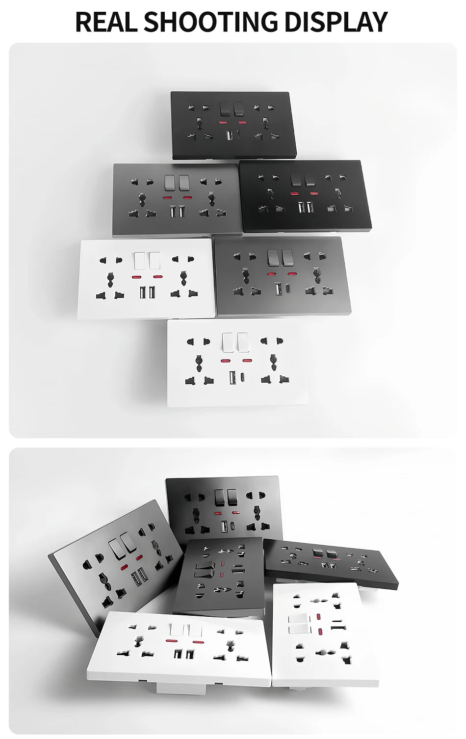 Universal Wall Socket with USB-C and USB Charger 2 Gang Power Outlet with Switch Flush Mount AC 110-250V