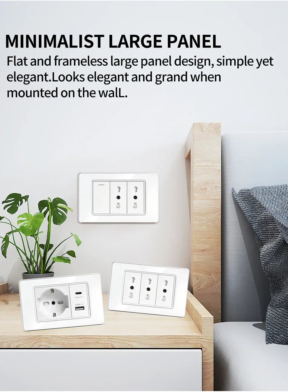 T&I Wall Switch Socket with USB-C Fast Charging Italy & Chile Schuko Outlet Tempered Glass Panel
