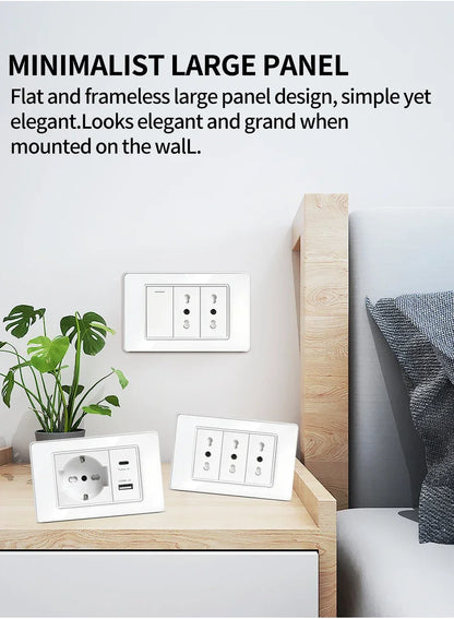 118x75mm Type-C Fast Charging Wall Socket Italy & Chile Schuko Outlet Tempered Glass Panel Type Switch