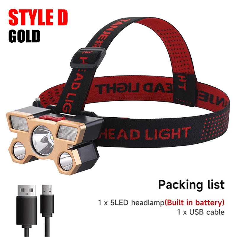 5 LED Rechargeable Headlamp with 18650 Battery Strong Light Headlight