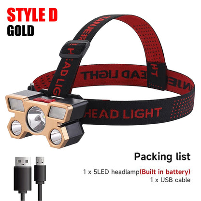 5 LED Rechargeable Headlamp with 18650 Battery Strong Light Headlight