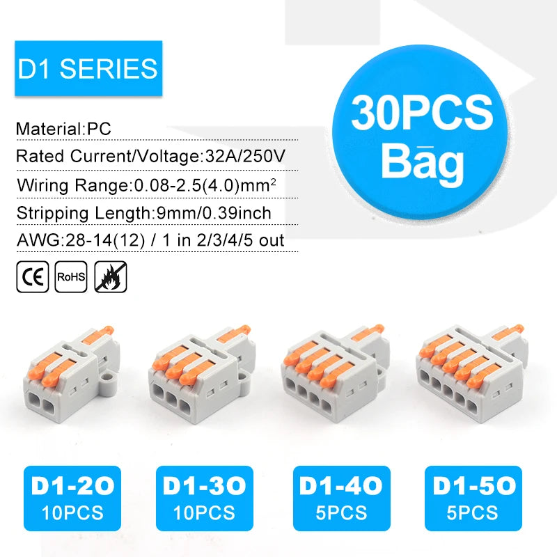 3/4/5/6 Pin 1 in Multiple Out Quick Wire Connectors Compact Cable Splitter Push-in Electrical Lever Terminal Block 213 214 215
