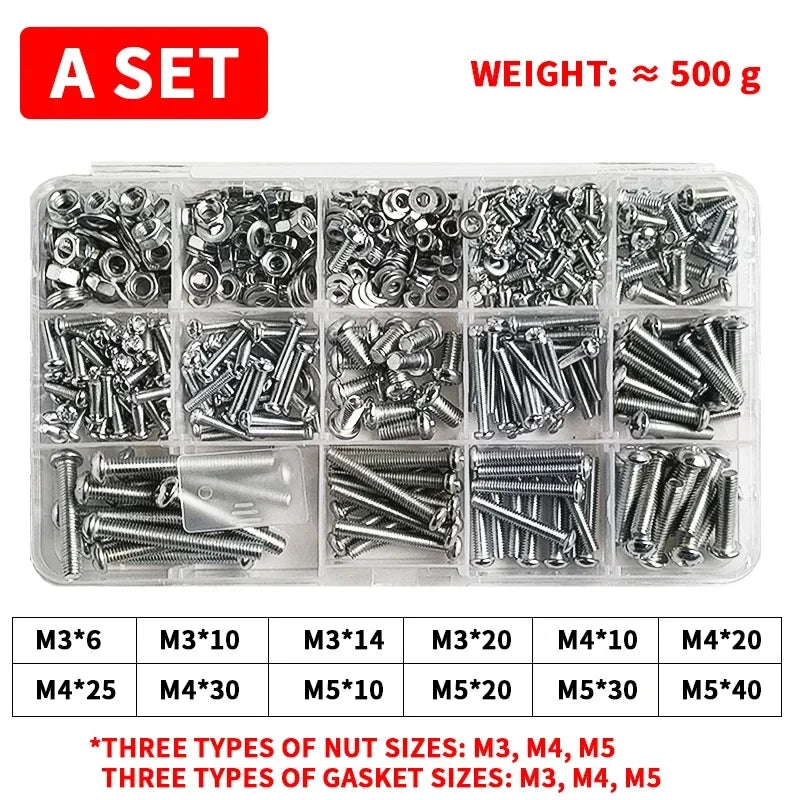 M3-M6 Phillips Pan Head Self-Tapping Screw Assortment Kit with Nuts and Washers Stainless Steel Fastener Set for DIY Machinery