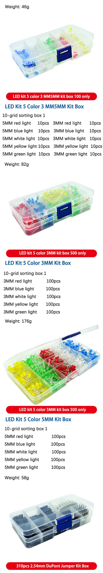 Electronic Component Kit Box with LEDs, Transistors, IC Sockets, Switches, and Jumper Wires
