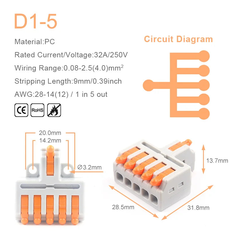1 In Multiple Out Fast Electrical Wire Connector Universal Compact Cable Splicing Terminal Block Push-in Lever Connector