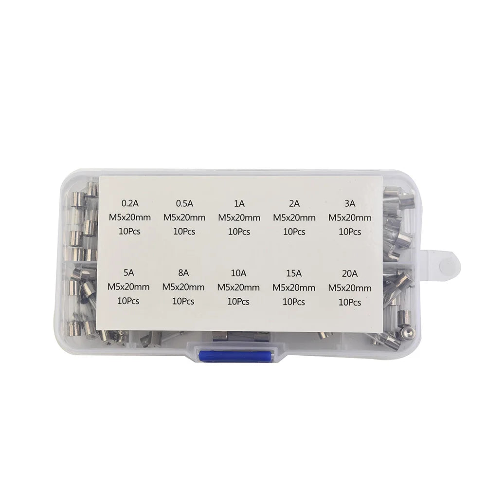 100pcs Insurance Tube Glass Fuses Kit Household 0.2A-20A 100pcs 16*12*2.1cm 250V High Quality Standard Fast Blow