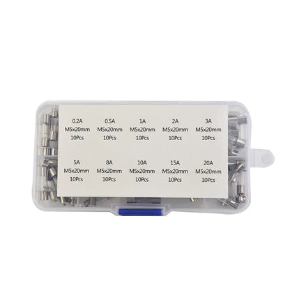 100pcs Insurance Tube Glass Fuses Kit Household 0.2A-20A 100pcs 16*12*2.1cm 250V High Quality Standard Fast Blow