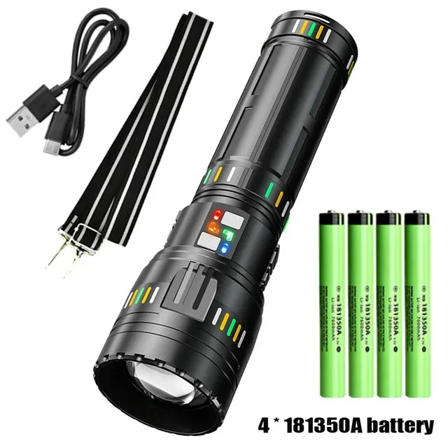 Long Range LED Flashlight Zoom Tactical Torch Type-C Display