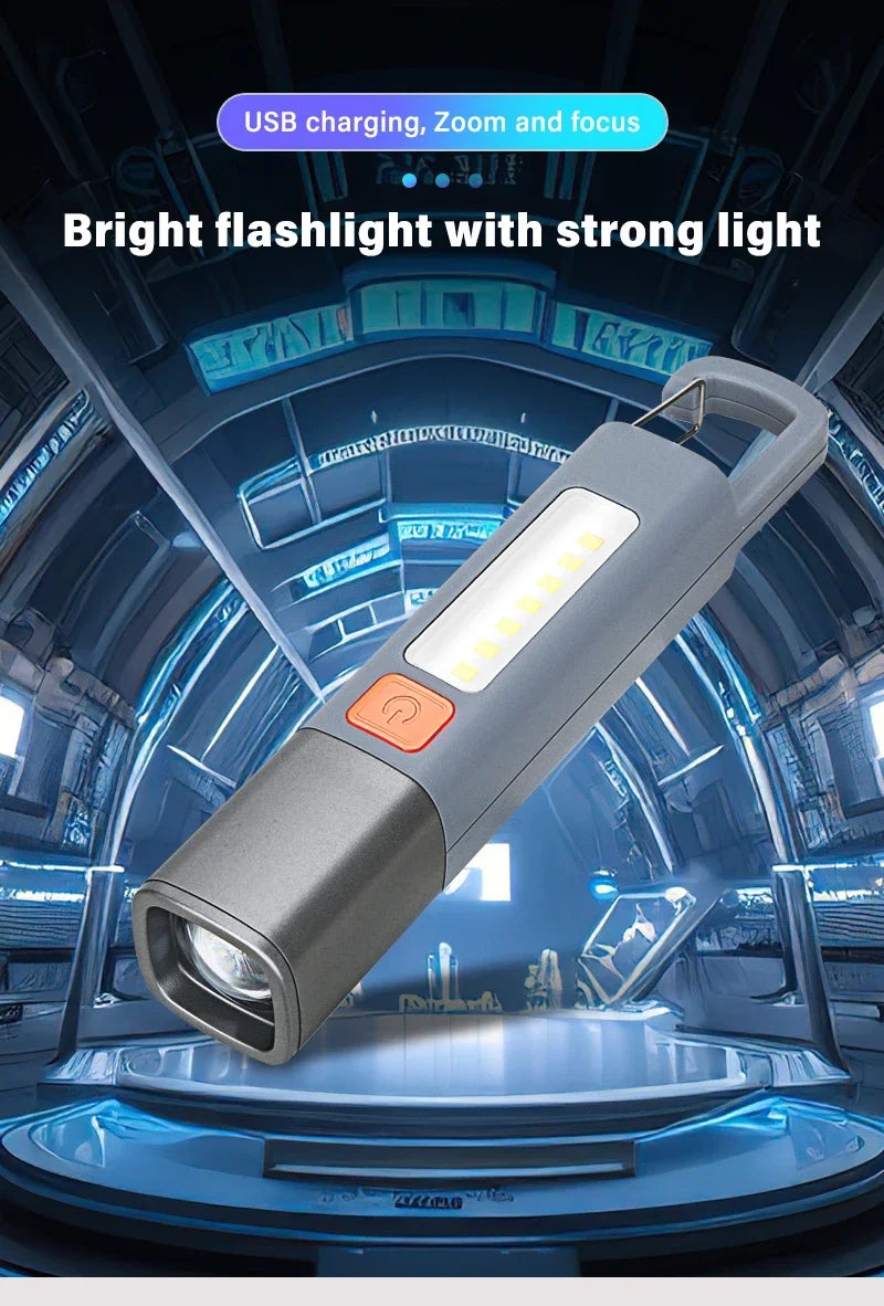 Portable Strong Light LED Zoom Flashlamp Built-in Battery USB Rechargeable with Hook Camping Hanging Lamp COB Side Lamp