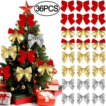 12/36pcs Christmas Bow Christmas Decorations For Home Gold Red Bowknot Xmas Tree Ornaments New Year 2024 Navidad Decor Supplies