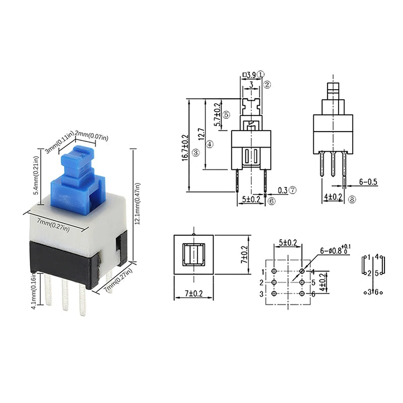 10Pcs/Lot 6 Pin DPDT Mini Push Button Flat Self-locking Switch G64 Multimeter Switch Micro Switch Kit Square 7x7x12mm