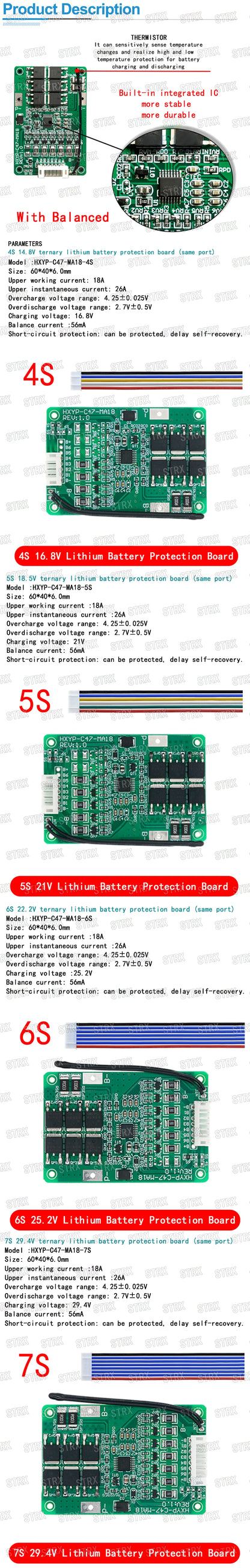 4S-7S 18650 Li-ion Lithium Battery BMS Protection Board with Balance 16.8V-21V 20A