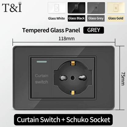 T&I Wall Switch Socket with USB-C Fast Charging Italy & Chile Schuko Outlet Tempered Glass Panel