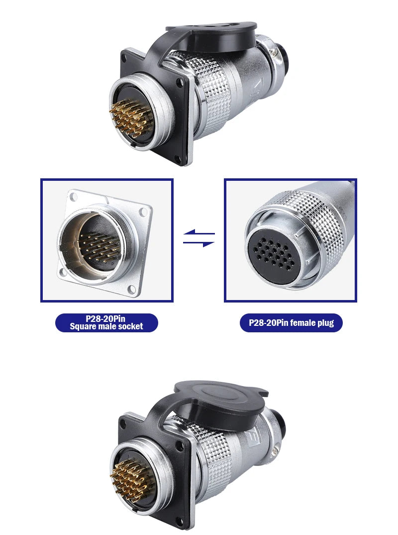 P28 Aviation Connector Square Flange Socket Male Female Circular Butt Joint 2/3/4/5/7/10/12/14/16/19/20/24 Pin P28K2Q PLS28
