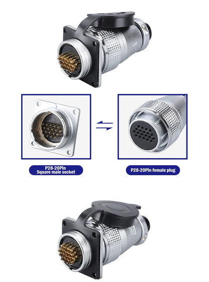 P28 Aviation Connector Square Flange Socket Male Female Circular Butt Joint 2/3/4/5/7/10/12/14/16/19/20/24 Pin P28K2Q PLS28