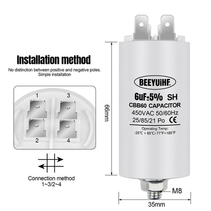 CBB60 Motor Start Capacitor 6µF–60µF 450VAC 50/60Hz with M8 Screw