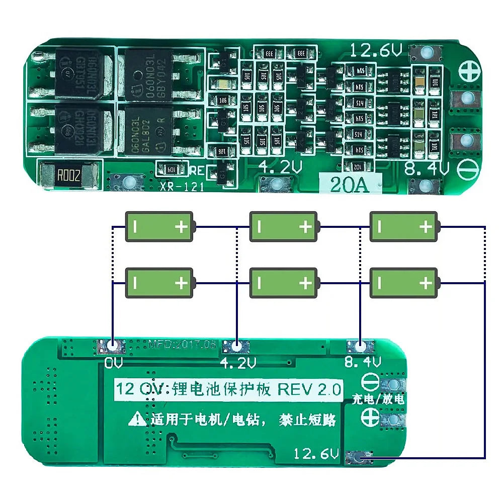 3S 20A Lithium Battery BMS Protection Board 3.6V-12.6V for 18650 Li-ion Cells and Drill Motors