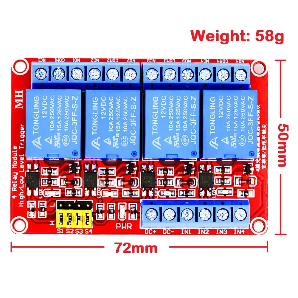 4-Channel Relay Module 5V/12V/24V with Optocoupler Isolation High/Low Level Trigger for Arduino & Raspberry Pi