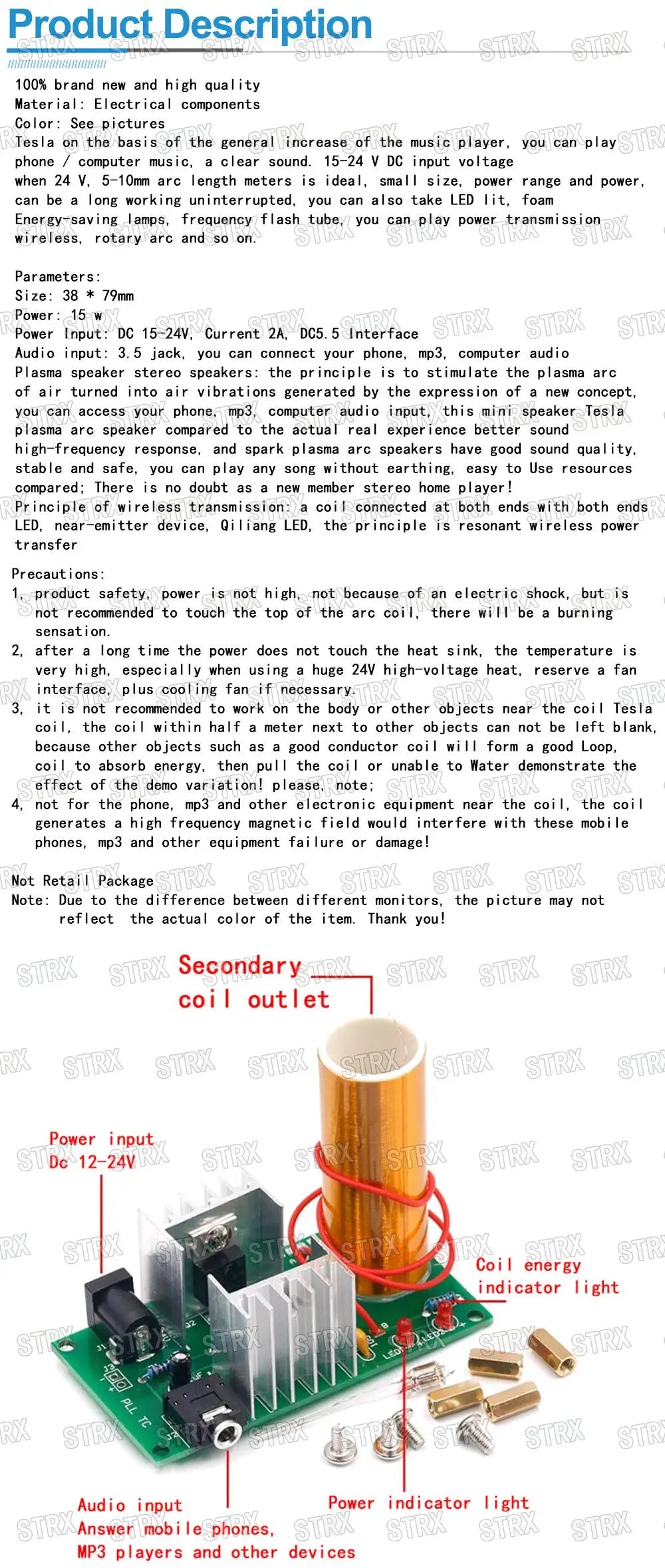 Mini Tesla Coil Kit 15W Plasma Speaker Wireless Transmission DIY Music Tesla Coil 15-24V DC