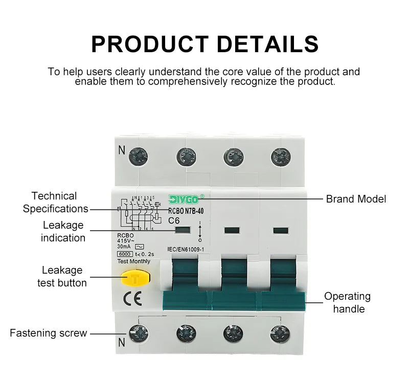 RCBO 3P+N Electro-Magnetic Residual Current Circuit Breaker with Overcurrent Leakage Protection 240V 4P