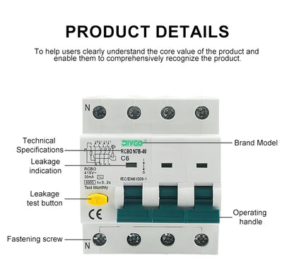 RCBO 3P+N Electro-Magnetic Residual Current Circuit Breaker with Overcurrent Leakage Protection 240V 4P
