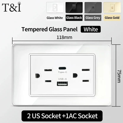 118x75mm Tempered Glass US Thai Socket Dual USB-C Ports 2 AC Outlets 110V Scratch-Resistant Panel