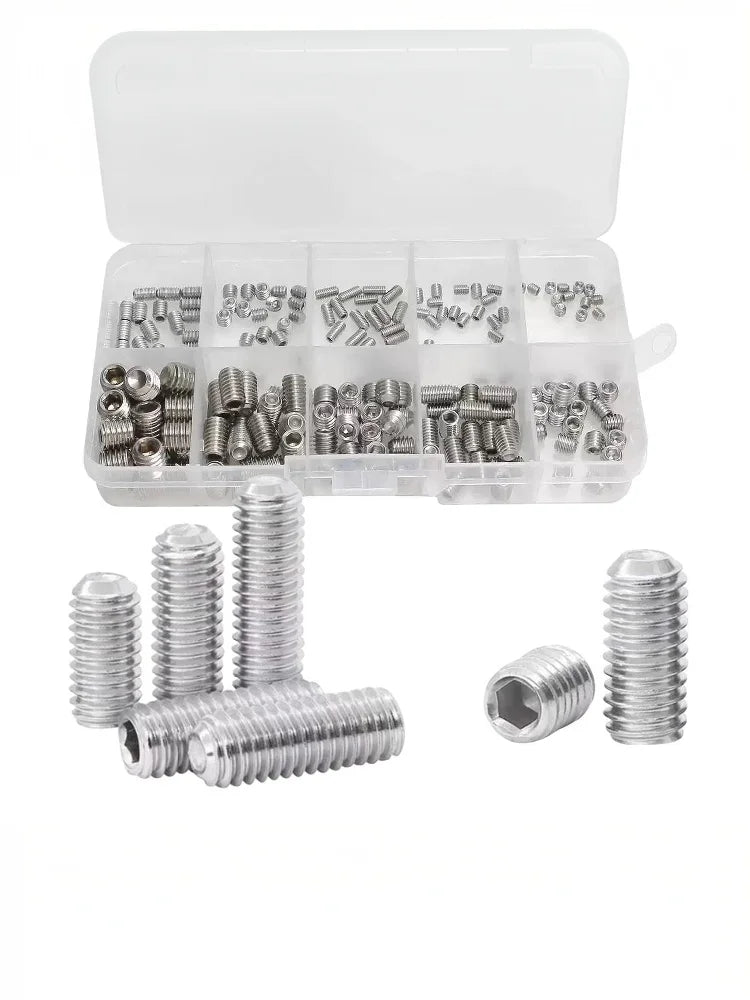 200Pcs M3/M4/M5/M6/M8 Headless Machine Rice Combination Kits 304 Stainless Steel Hex Socket Flat End Screws Set