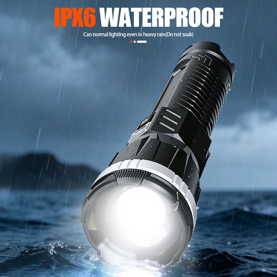 Rechargeable LED Flashlight Powerful Torch with Side Light Power Bank Zoom Emergency Lamp Outdoor Strong Light Camping Lantern