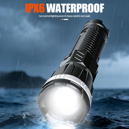 Rechargeable LED Flashlight Powerful Torch with Side Light Power Bank Zoom Emergency Lamp Outdoor Strong Light Camping Lantern
