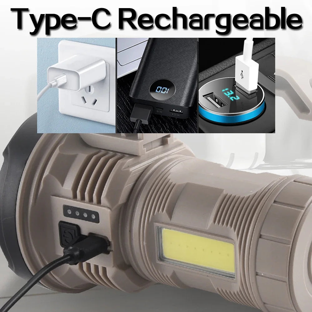 20W LED Flashlight COB Type-C Rechargeable Zoom Torch