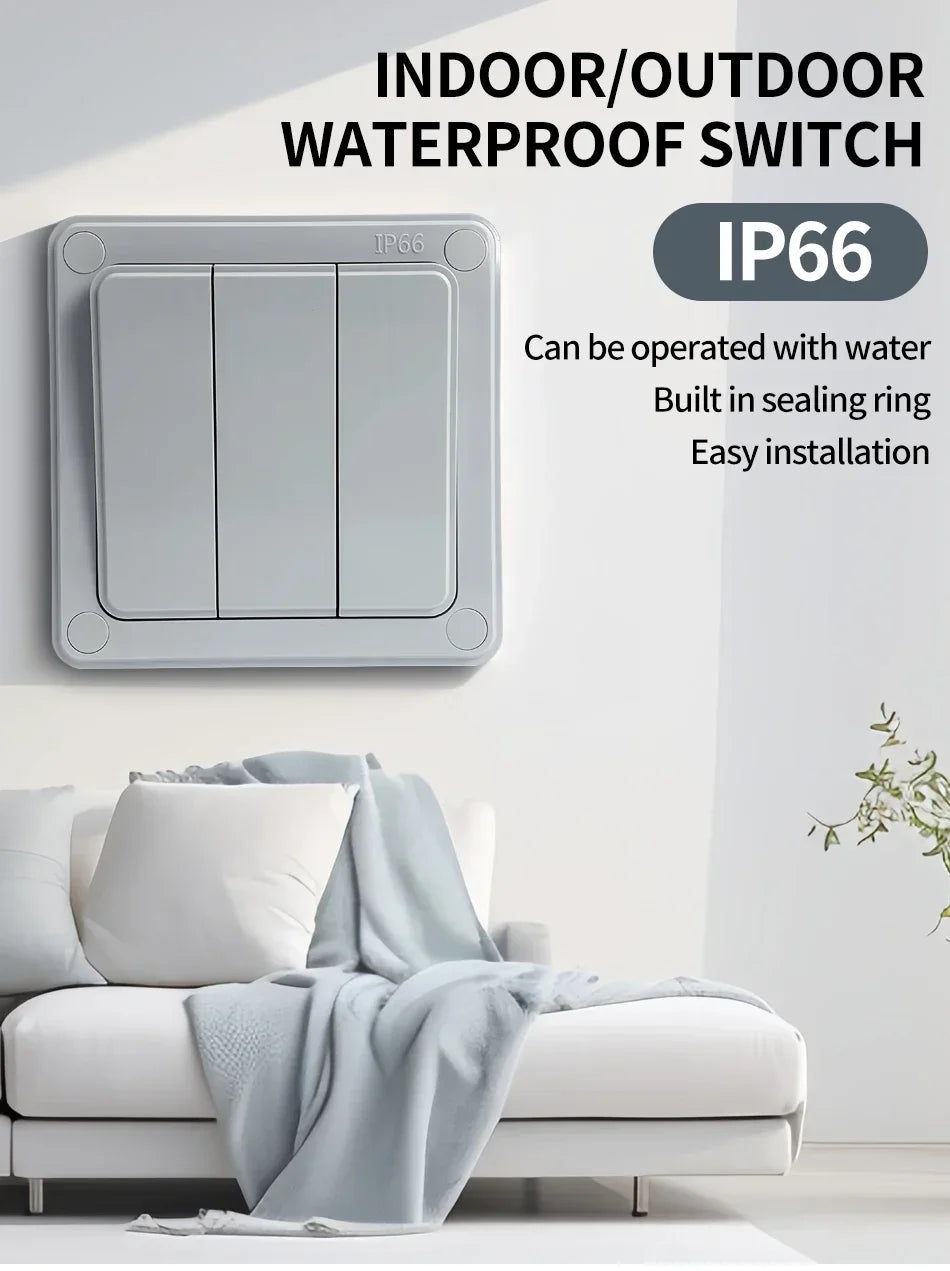 IP66 Outdoor Wall Switch 16A Weatherproof Push Button 1/2/3 Gang Electrical for Garden Patio Exterior Use