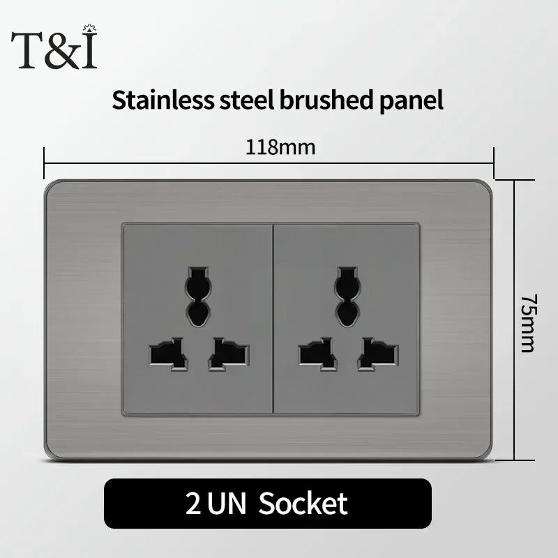 Stainless Steel Wall Socket 118x75mm Italian-Style with USB-C Schuko Chilean Plug Brushed Finish for Home Office