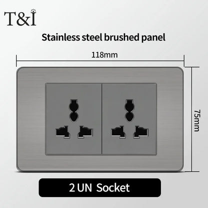 Stainless Steel Wall Socket 118x75mm Italian-Style with USB-C Schuko Chilean Plug Brushed Finish for Home Office