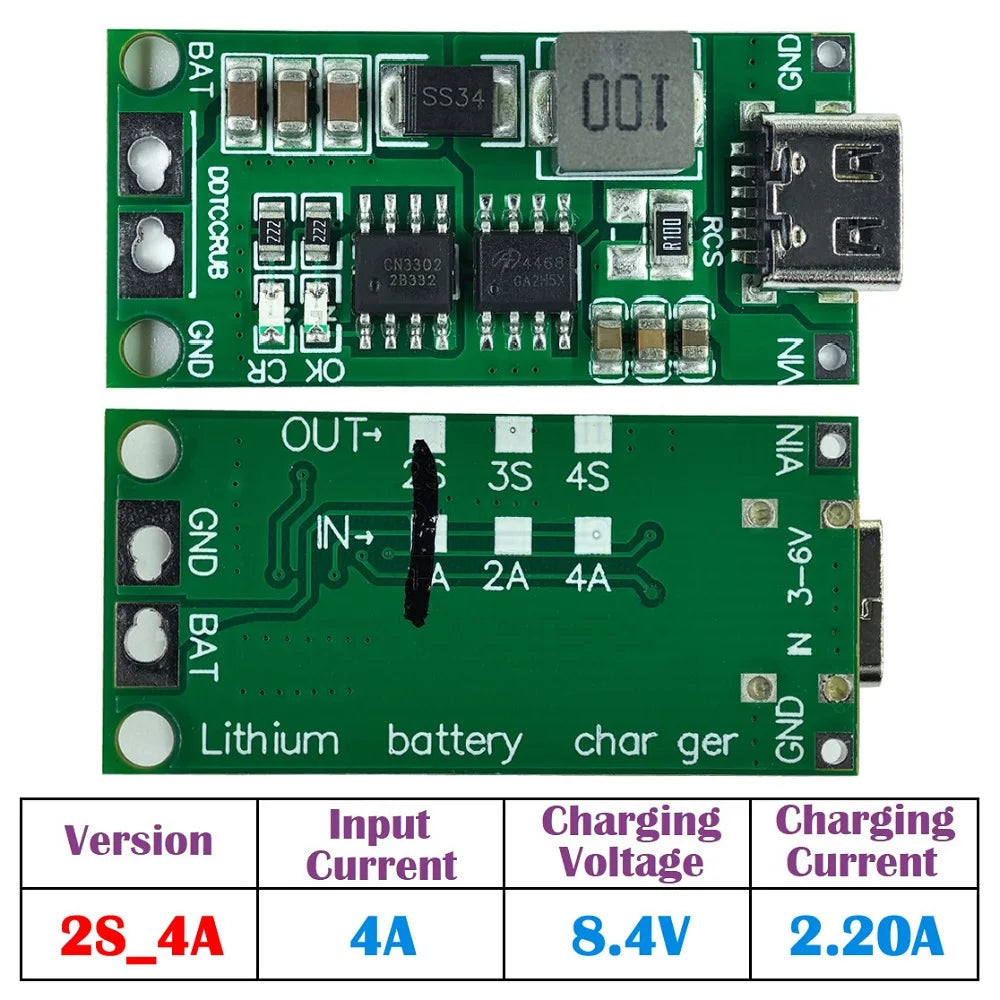 Multi-Cell 2S-4S Type-C Boost Charger Step-Up Module for 7.4V-16.8V LiPo and Li-Ion 18650 Batteries