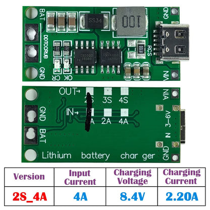Multi-Cell 2S-4S Type-C Boost Charger Step-Up Module for 7.4V-16.8V LiPo and Li-Ion 18650 Batteries