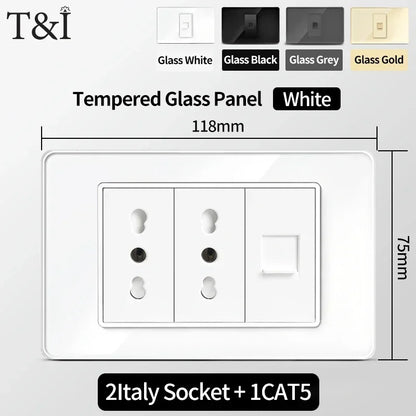 118x75mm Type-C Fast Charging Wall Socket Italy & Chile Schuko Outlet Tempered Glass Panel Type Switch