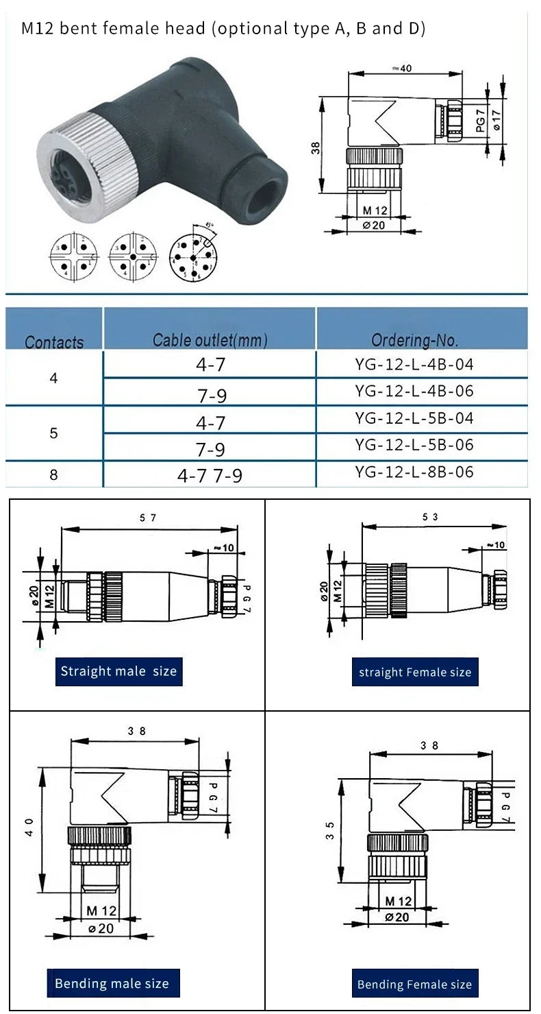 M12 12mm Sensor Connector Straight Angle Male Female Waterproof Screw Threaded Plug Coupling 4 5 8 Pin PG7