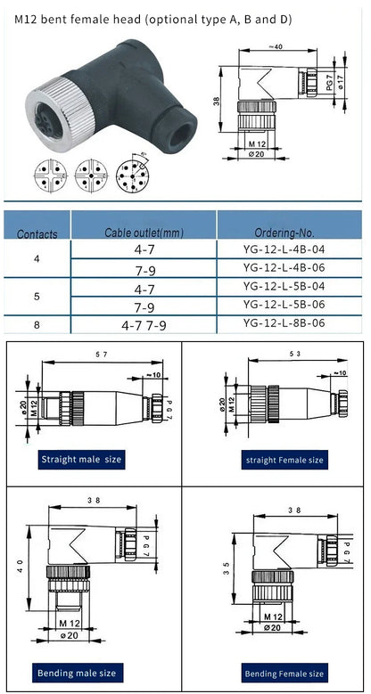 M12 12mm Sensor Connector Straight Angle Male Female Waterproof Screw Threaded Plug Coupling 4 5 8 Pin PG7