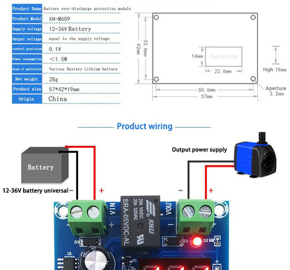 XH-M609 DC Voltage Protection Module 6-60V Undervoltage Cutoff for Lithium Battery Low Power Disconnect