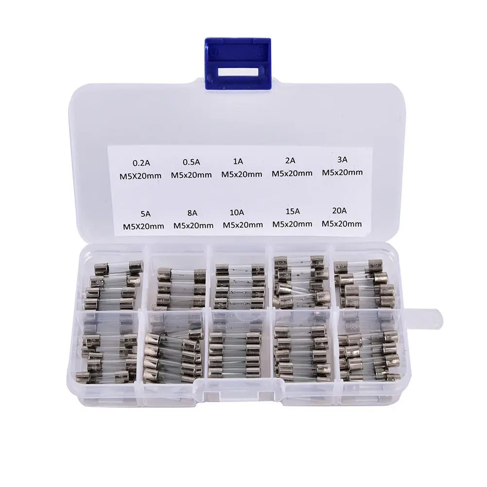 100pcs Insurance Tube Glass Fuses Kit Household 0.2A-20A 100pcs 16*12*2.1cm 250V High Quality Standard Fast Blow