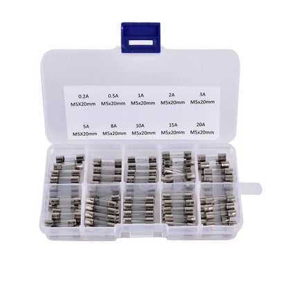 100pcs Insurance Tube Glass Fuses Kit Household 0.2A-20A 100pcs 16*12*2.1cm 250V High Quality Standard Fast Blow