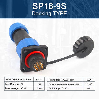 SP16 Square Waterproof Connector Plug Socket 2-9 Pin IP68 Aviation Male Female Electrical Wire Cable Connector