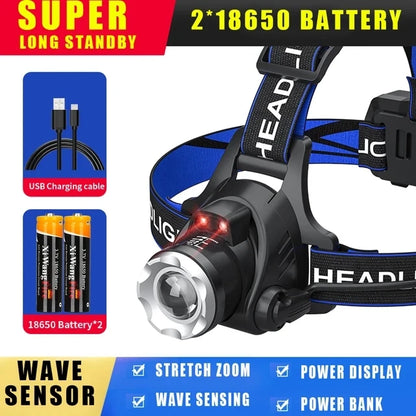 Powerful LED Zoom Headlamp USB Rechargeable Induction Headlight