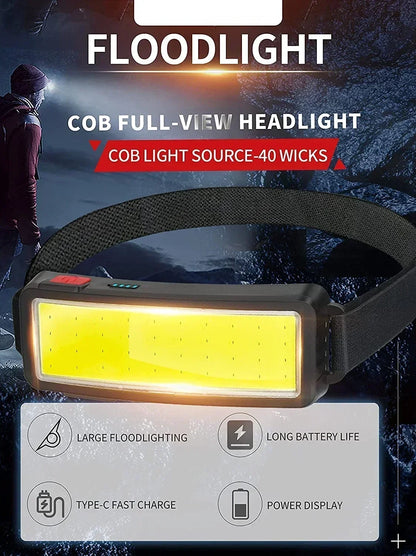 Portable COB LED Floodlight Head Flashlight Built-in Battery USB Rechargeable Outdoor Head-mounted Camping Hunting Headlamp