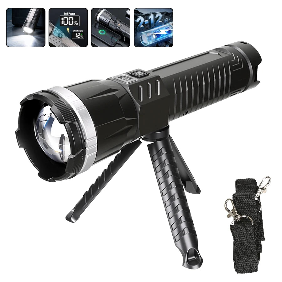 Rechargeable LED Flashlight Powerful Torch with Side Light Power Bank Zoom Emergency Lamp Outdoor Strong Light Camping Lantern