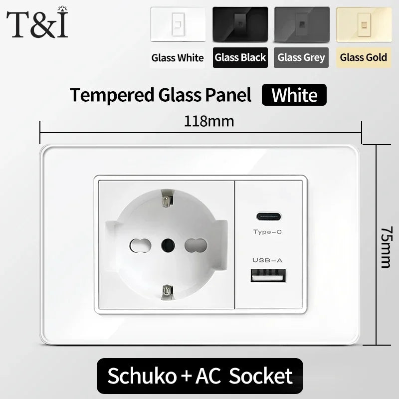 118x75mm Type-C Fast Charging Wall Socket Italy & Chile Schuko Outlet Tempered Glass Panel Type Switch